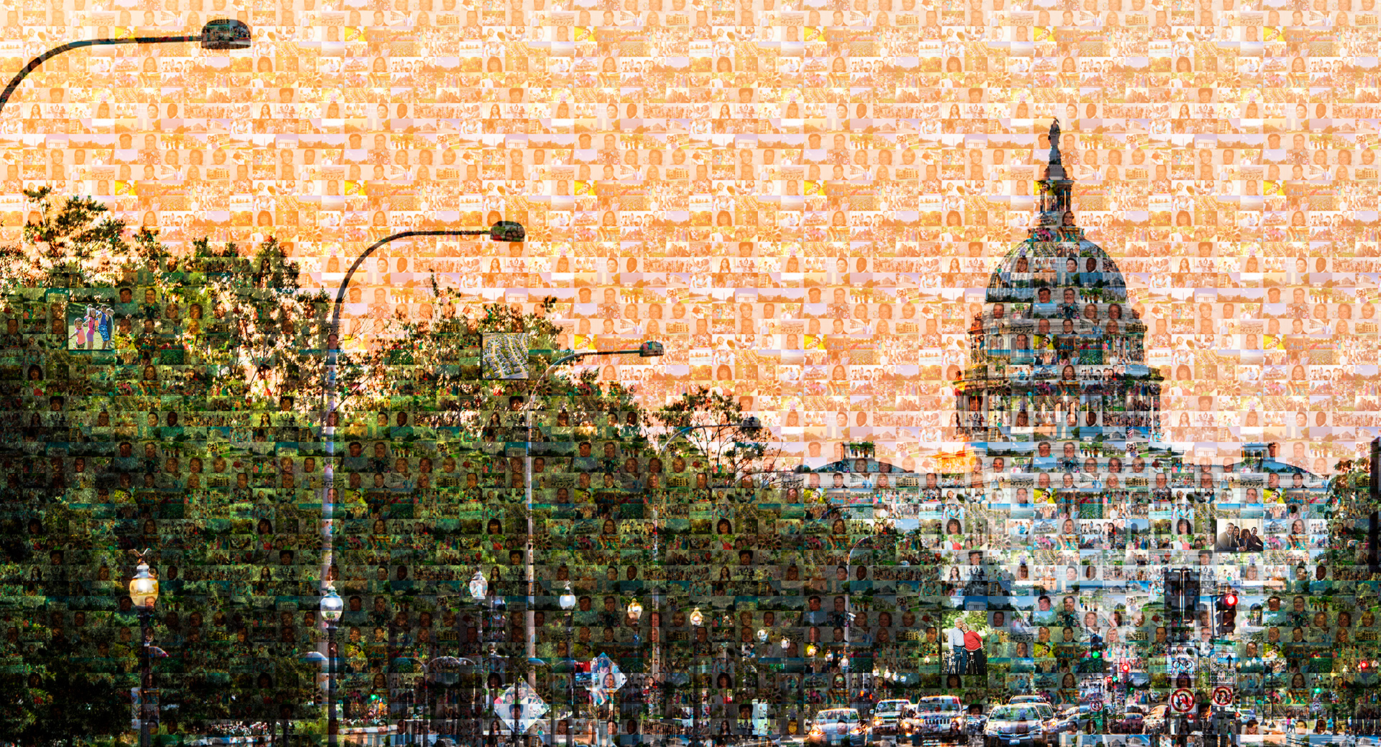 Washington Capitol Building with overlaid mosiac with images of people